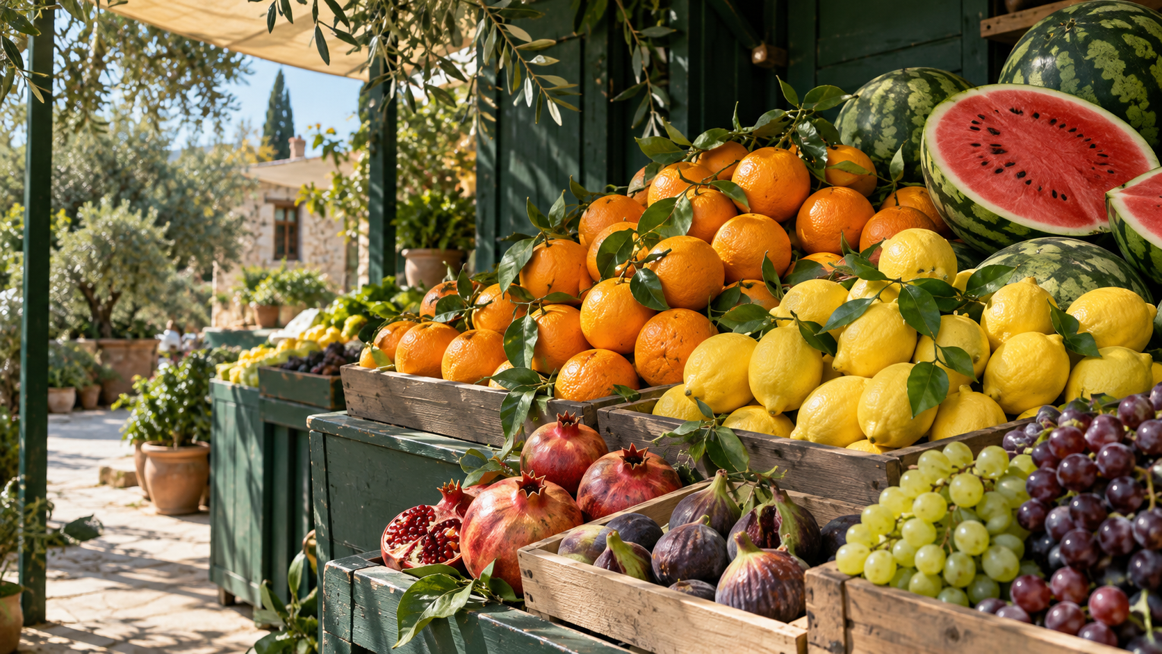 Fresh oranges, lemons, watermelon, grapes, figs and pomegranates arranged at a Mediterranean fruit market