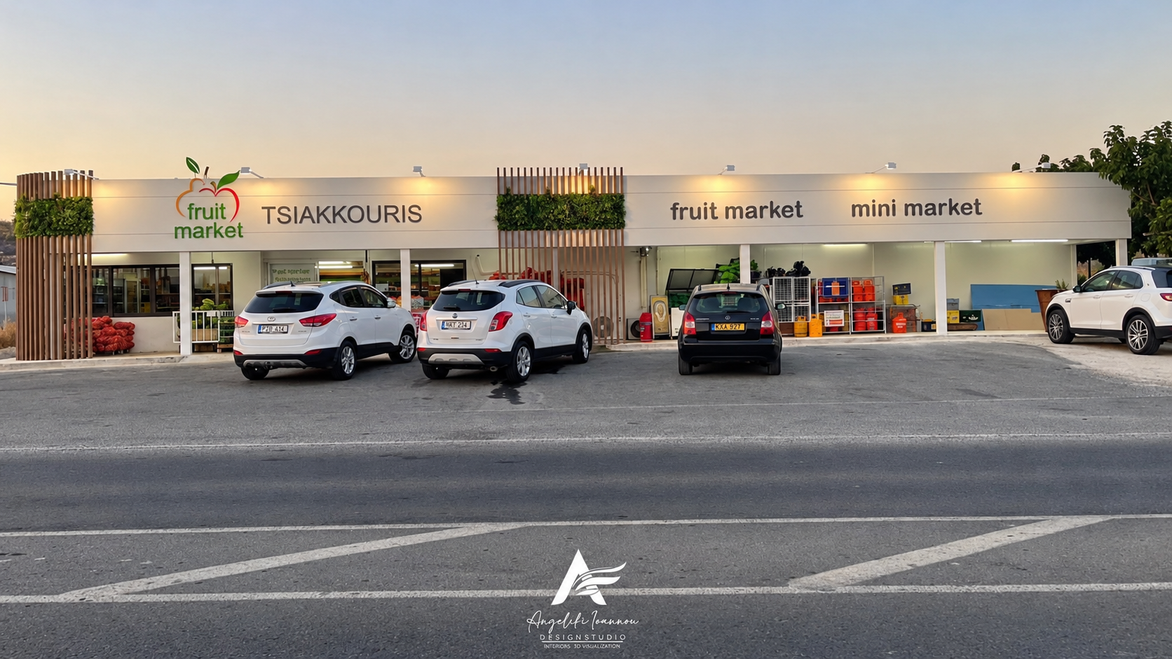 The real Tsiakkouris Fruit Market storefront in Acheleia at sunset